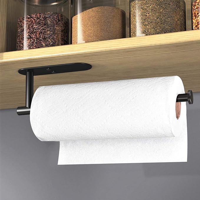 VAEHOLD Adhesive Paper Towel Holder Under Cabinet Wall Mount for Kitchen Paper Towel, Black Paper Towel Roll Holder Stick to Wall, Stainless Steel（Black）