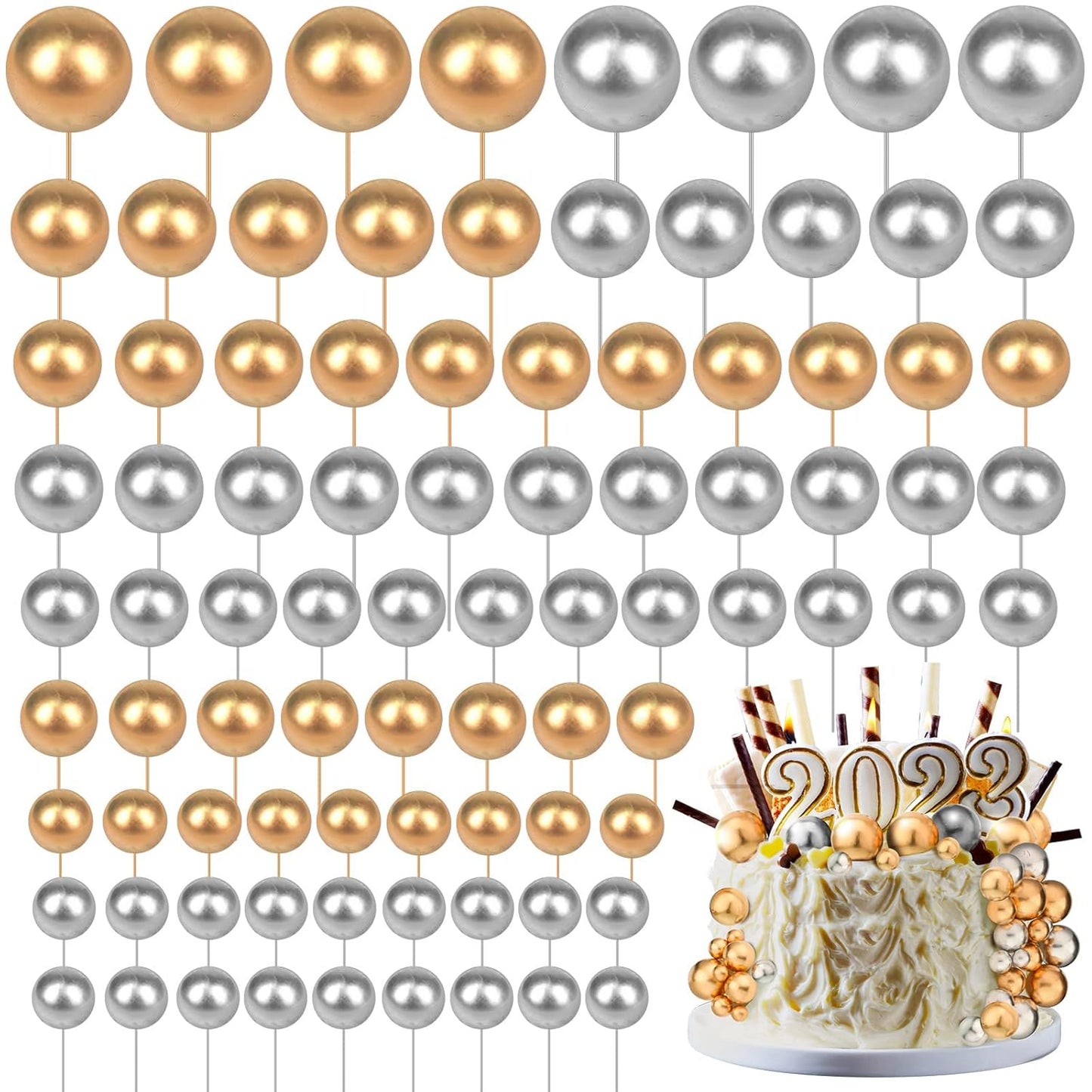 108 Pcs Balls Cake Topper DIY Cupcake Insert Foam Balloons for Cake Baking Wedding Anniversary Birthday Decoration(Gold, Silver,Multi Sizes)