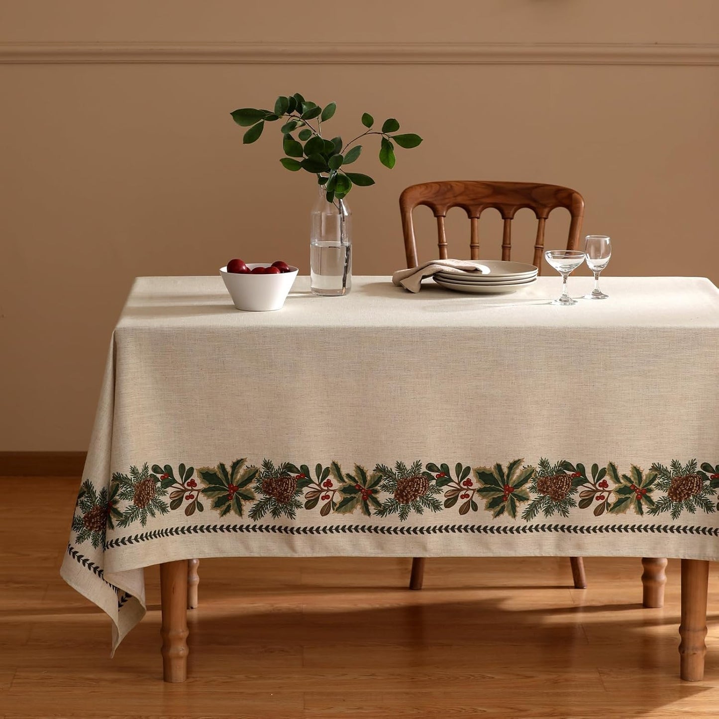 Christmas Tablecloth for Square Tables,Linen Table Cloth with Leaves and Pinecones Pattern,Heavy Durable Table Cover for Dining Thanksgiving Kitchen Party Banquet Christmas,67"*67"