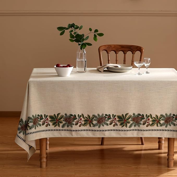 Christmas Tablecloth for Rectangle Tables,Linen Table Cloth with Leaves and Pinecones Pattern,Heavy Durable Table Cover for Dining Thanksgiving Kitchen Party Banquet Christmas,63"*94"
