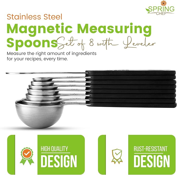 Spring Chef Stainless Steel Magnetic Measuring Spoons Set of 8 with Leveler, Round Metal Teaspoon & Tablespoon Measuring Spoons - Kitchen Gadgets For Baking and Cooking