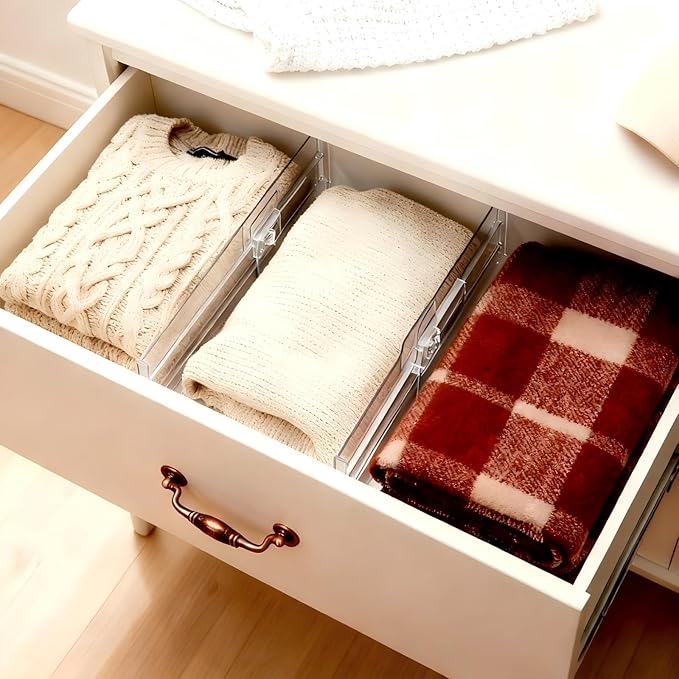 4 Pack Drawer Dividers for Clothes, 4" High 10"-17" Drawer Dividers Adjustable Expandable Dresser Drawer Organizers, Clear Dresser Separators for Clothes, Underwear, Baby Clothes, Cosmetic, Toiletries