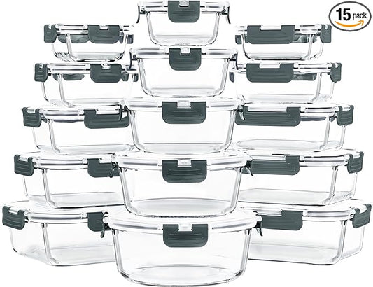 Skroam 15 Pack Glass Food Storage Containers with Lids Airtight, Glass Meal Prep Containers, Lunch Containers with Lids for Microwave, Oven, Freezer and Dishwasher Safe