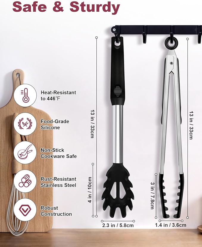 Silicone Spaghetti Spoon and Pasta Tong, Heat-Resistant Noodle Spoon Server, 13“ BPA-Free Spaghetti Strainer, Fork with Teeth and Stainless Steel Handle, Food-Grade Clip for Pasta, Black