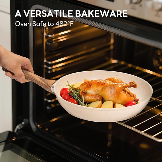 Sweetcrispy 17 Pcs Nonstick Pots and Pans, Non-toxic Kitchen Cooking Set with Stay-Cool Handles, Cream White