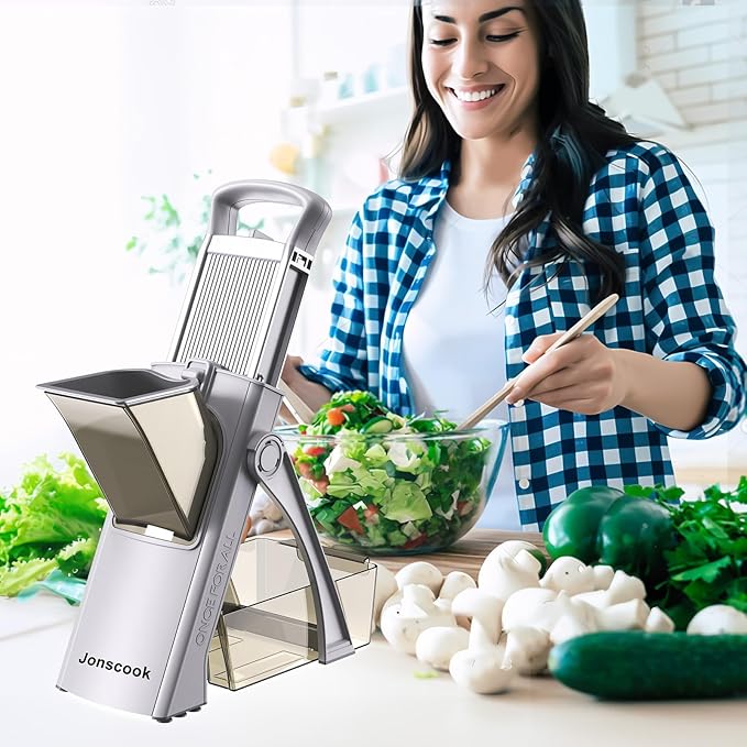 All-in-1 Upgraded Safe Mandoline Slicer for Kitchen, with Handheld Spiralizer, Food Chopper with Container, Thickness Adjustable Vegetable Chopper, Potato French Fry Cutter (High-grade Gray)