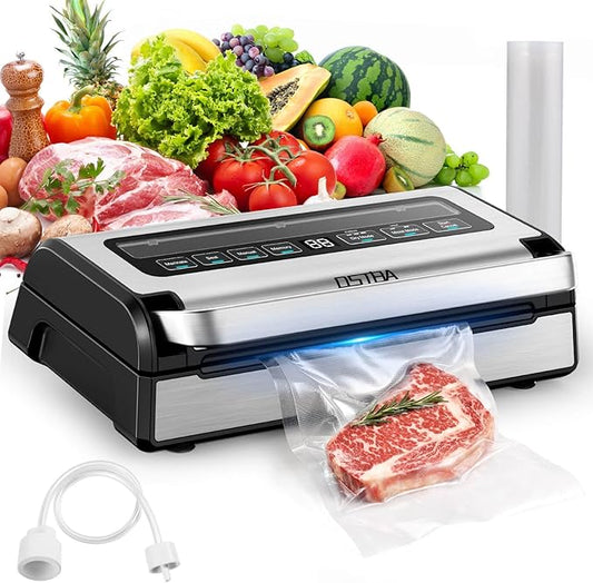 OSTBA 180W Vacuum Sealer Machine, 12-in-1 Double Pump Food Saver with Built-in Cutter & Bag Storage, Easy-Lock Handle, Dry & Moist & Marinate, Memory Function, Includes 1 Roll of Vacuum Bags & Hose