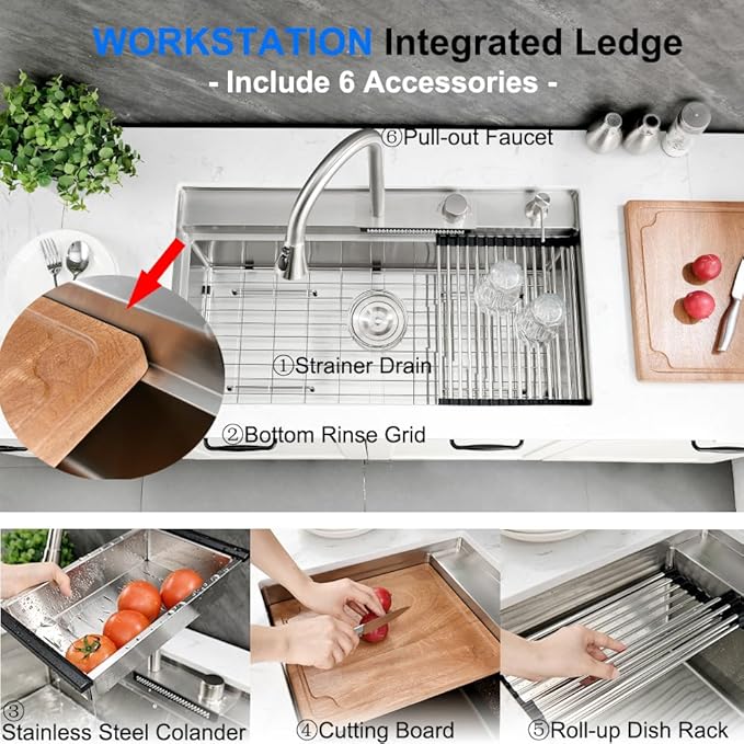 33 Inch Undermount Waterfall Kitchen Sink Workstation, 33x19 Undermount Kitchen Sink Stainless Steel Waterfall 16 Gauge Single Bowl Sinks and Faucet Combo