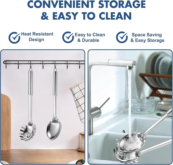 Large Cooking Spoon and Pasta Fork Set, 2 Pack Stainless Steel Serving Spoon, Heat Resistant Kitchen Noodle Spoon for Cooking, Serving, Mixing and Spaghetti