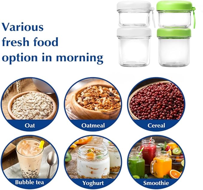 2 Pack Overnight Oats Containers with Lids, Folding Spoons 26 oz Plastic Mason Jars Containers with Lids Portable Cereal and Milk Container on The Go (White and green Oatmeal Cup)