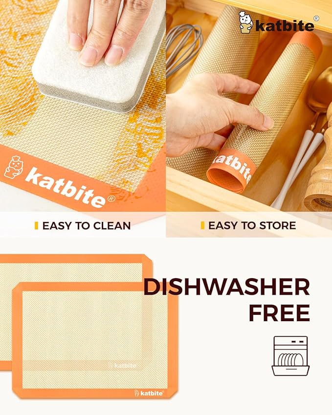 Katbite Silicone Baking Mat Colorful Collection - Set of 3: 2 Half Sheets Mats (11 5/8" x 16 1/2") + 1 Quarter Baking Sheet, Reusable & Nonstick Bakeware Mats for Cookies, Macarons, Bread (Orange)