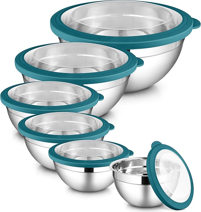 LIANYU 6 Packs Stainless Steel Mixing Bowls, Large 7, 3.5, 2.5, 2, 1.5, 1QT Size, Deep Metal Nesting Bowls Set for Baking Cooking Serving Prepping Food Storage, Include Visible Airtight Lid, Dark Blue