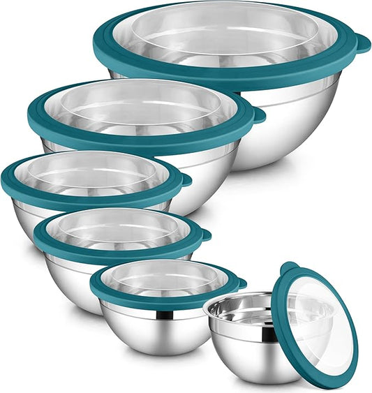LIANYU 6 Packs Stainless Steel Mixing Bowls, Large 7, 3.5, 2.5, 2, 1.5, 1QT Size, Deep Metal Nesting Bowls Set for Baking Cooking Serving Prepping Food Storage, Include Visible Airtight Lid, Dark Blue