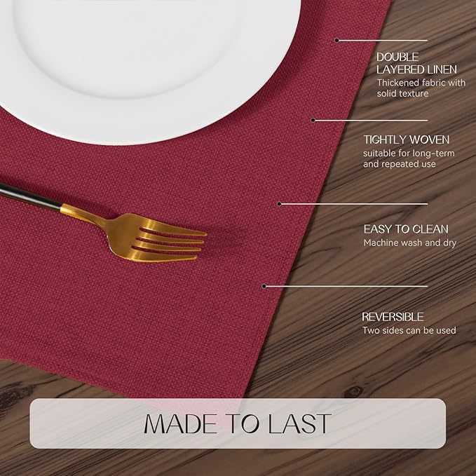 Romanstile Cloth Placemats Set of 4-12 x 18 Inch, Heat Resistant Double Layered Thickened Burlap Christmas Place Mats, Washable Faux Linen Farmhouse Table Mats for Kitchen/Dining/Party/Outdoor, Red
