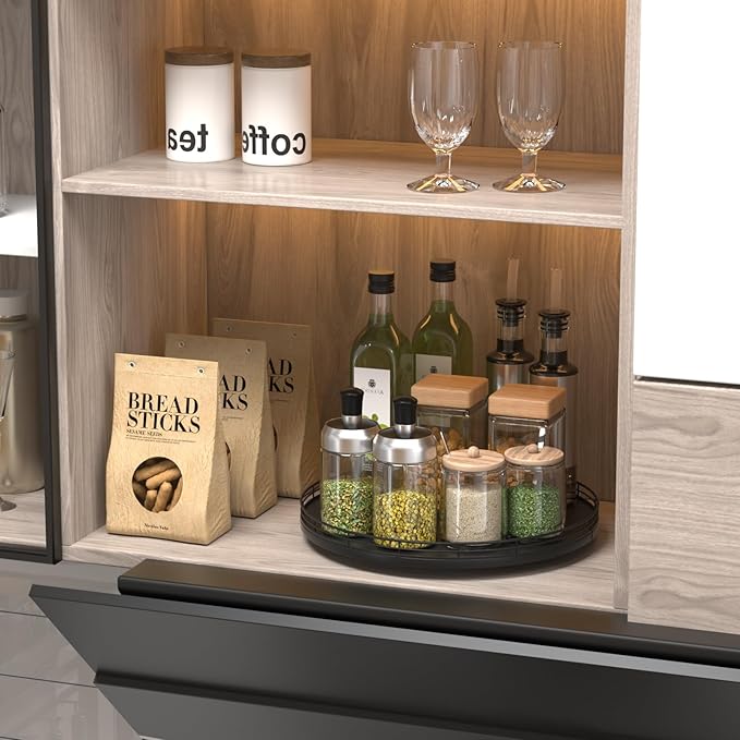 13" Oak Wood Lazy Susan Organizer, Lazy Susan for Cabinet Dining Table Pantry Wood Turntable Organizer Tray for Coffee Table Kitchen Countertop Salt Pepper Spice Organization and Storage Round Black