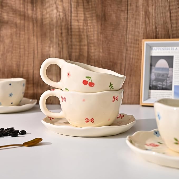 Koythin Ceramic Coffee Mug with Saucers, Handmade Flowers Mugs, Cute Cup for Girl Women, Aesthetic Tea Milk Cup with Handle, 8.5 oz/250 ml for Latte, Cocoa, Office, Home (Dot Blue Flower)