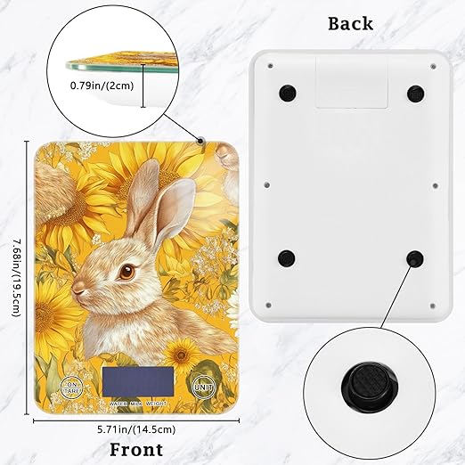Yellow Sunflowers Bunny Food Scale Kitchen Digital Scale Food Ounces and Grams Dieting Baking Cooking Waterproof Glass Panels LCD Display,4 Units Tare Function