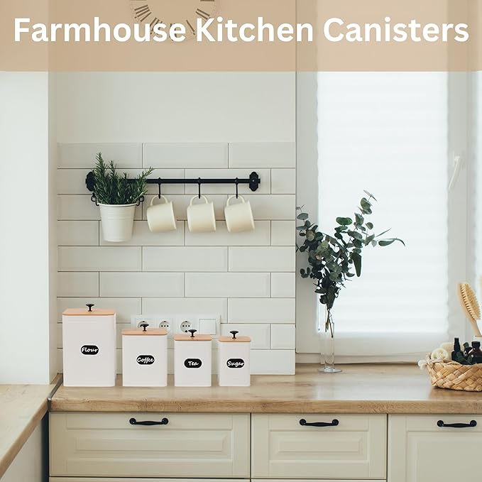 PERFNIQUE Kitchen Canisters, Airtight Canister Sets for Kitchen Counter, Kitchen Canisters for Countertop Set of 4, Coffee Tea Sugar Flour Spice Tin Jars Food Storage Container with Lid(White)