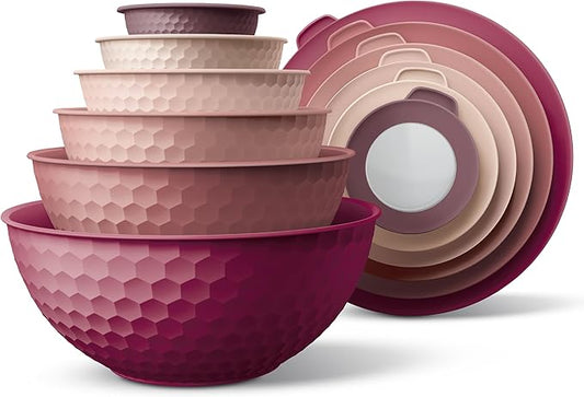 COOK WITH COLOR Mixing Bowls with Lids - 12 Piece Plastic Nesting Bowls Set includes 6 Prep Bowls and 6 Lids, Non Slip Bottom and Embossed Design - Microwave Safe (Rose)