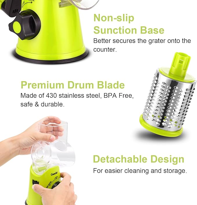 Geedel Rotary Cheese Grater, Kitchen Mandoline Vegetable Slicer with 3 Interchangeable Blades, Easy to Clean Rotary Grater Slicer for Fruit, Vegetables, Nuts