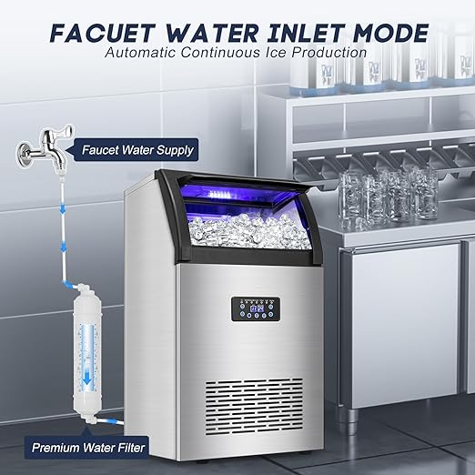 【150LBS/24H + 55 Ice Cubes/10-15 Mins】 Commercial Ice Maker - 50LBS Storage, Stainless Steel, Self-Cleaning for Home Bar Outdoor