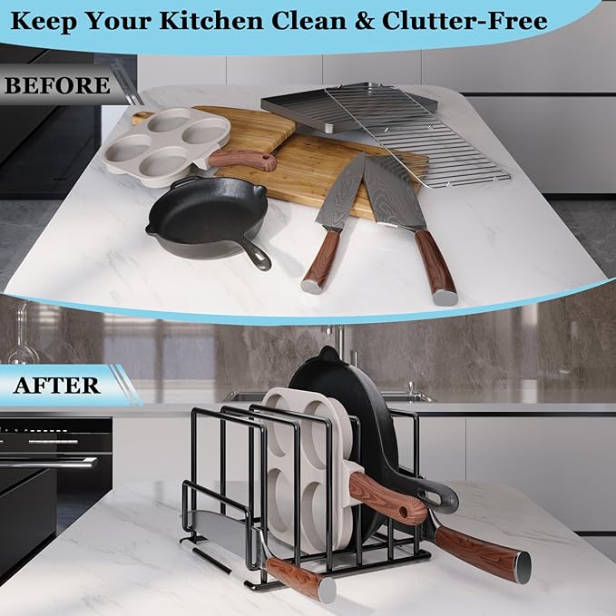 Cutting Board Organizer Rack with 7 Compartments, Heavy-Duty Iron Pan and Baking Sheet Organizer, Kitchen Cabinet Storage Rack with Non-Slip Base, Space-Saving Pot Lid Holder for Countertop & Pantry