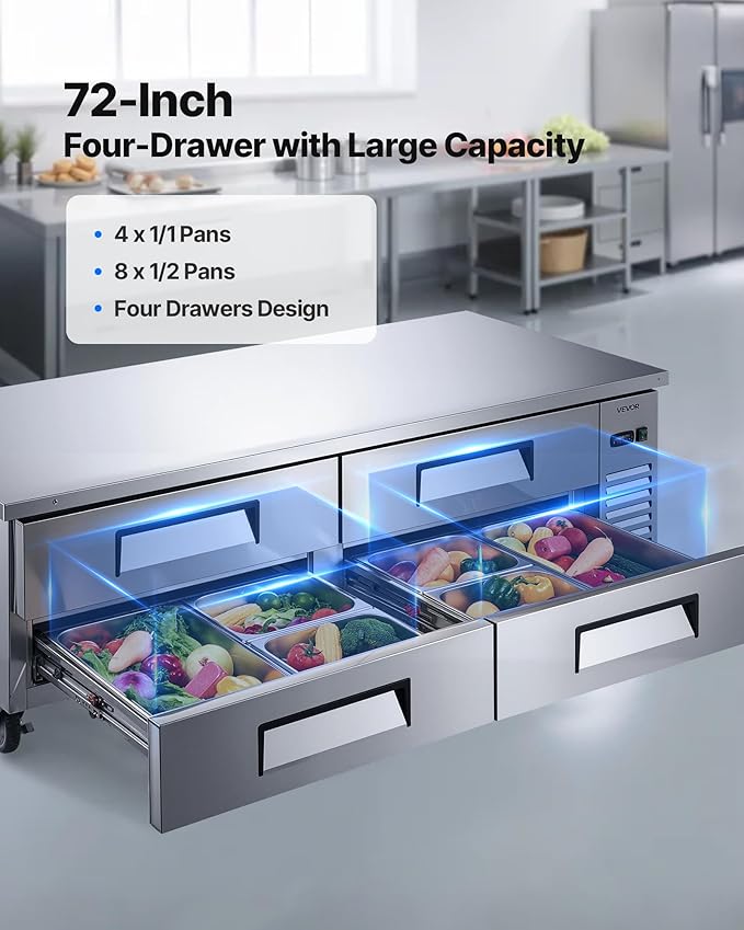 VEVOR Chef Base Refrigerator, 72" W Commercial Chef Bases Worktop Refrigerators, 4-Drawer Under Counter Fridge with 12 Pans Stainless Steel, Heavy-Duty Refrigerated Base, Invisible Door Handle