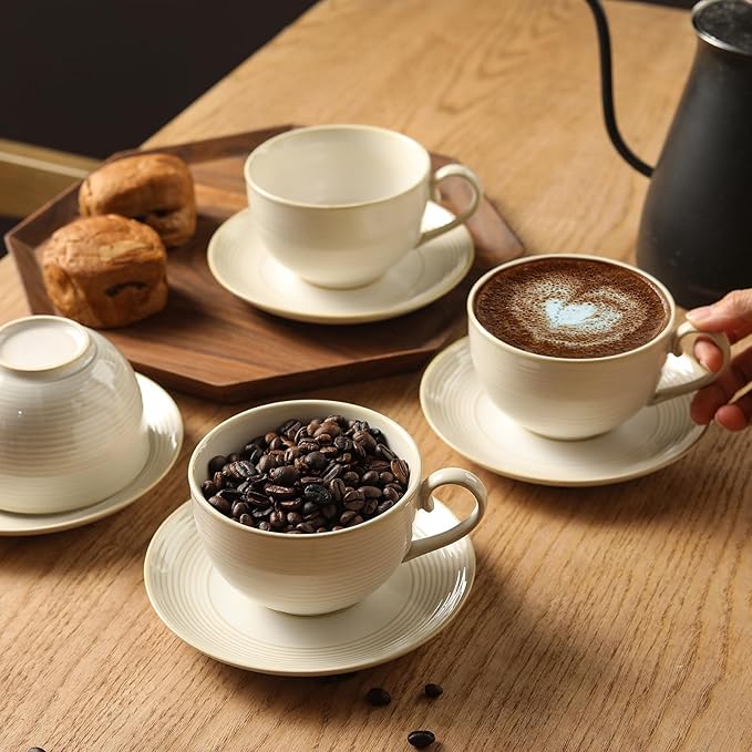 12Oz Coffee Cups with Saucers Set of 4 - Ceramic Espresso Cappuccino Cups Set, Tea Mugs and Saucer, Microwave Dishwasher Safe Drinkware for Home, Cafe