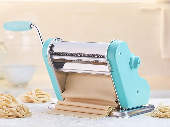 PASTALINDAClassic 200 Pasta Maker Machine, 20 cm Wide Rollers, 9 Thickness Positions, 2 Cutting Positions, Stainless Steel. Includes Reinforced Hand Crank And Two Clamps (Acqua)