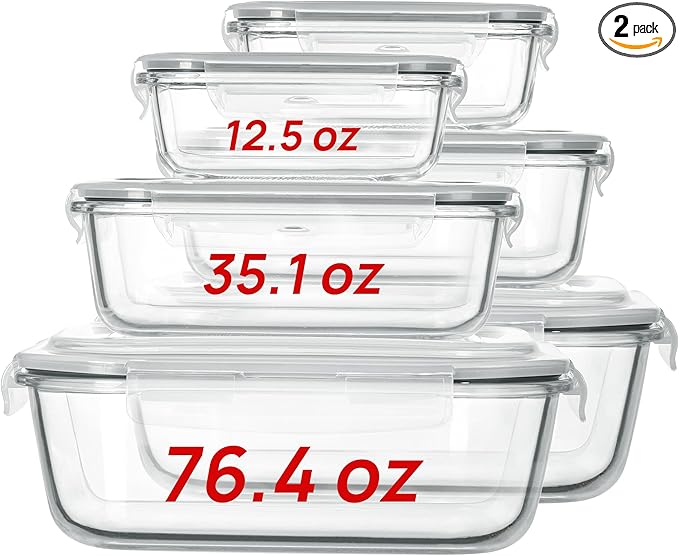 Vtopmart 2.26L/76oz Extra Large Glass Food Storage Containers with Lids, 6 pack Meal Prep Container Set, Airtight Lunch Boxes with Snap Locking Lids for Microwave, Oven, Freezer, Dishwasher