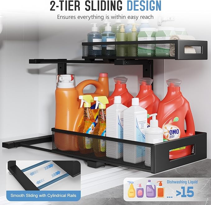 1 Pack 17IN Depth Under Sink Storage Organizer, Large 2-Tier Elegant Mesh Pull Out Shelf for Kitchen and Bathroom Cabinet Organization, L-Shaped and Adjustable Height Design-Black