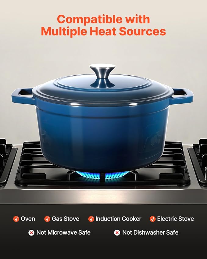 VEVOR Enameled Cast Iron Dutch Oven, 6 Quart Pot with Lid and Dual Handles, Heavy-Duty Durable Cookware Pan, Oven Induction Compatible up to 500℉, for Braising, Stews, Roasting, Bread Baking, Blue