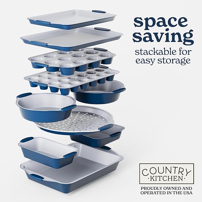 Country Kitchen Nonstick Stackable Bakeware Set - Heavy Duty, Durable, Easy Release Baking Set, Navy, 10 Pcs