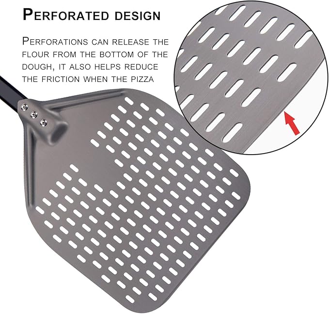 G.a HOMEFAVOR Perforated Pizza Peel, 12 x 15 Inch Rectangular Pizza Turning Peel, Professional Anodized Aluminum Turning Pizza Paddle, 26 inch overall