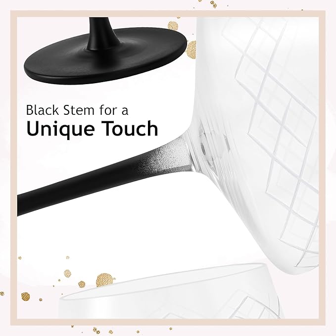 MIAMIO – 9.5 Oz Coupe Glasses Set of 4 with Bar Spoon, Handblown Crystal Cocktail Glasses with Black Stem, Cocktail Glasses, Vodka Martini Glasses, Champagne Coupe Glasses – Crystaluna Collection