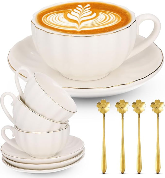 8oz Cappuccino Cups Set of 4 – Porcelain Gold Rimmed White 4 Cappuccino Cup and Saucer Set & Gold Spoons, Latte Cups, Coffee & Tea Mug and Saucer Set