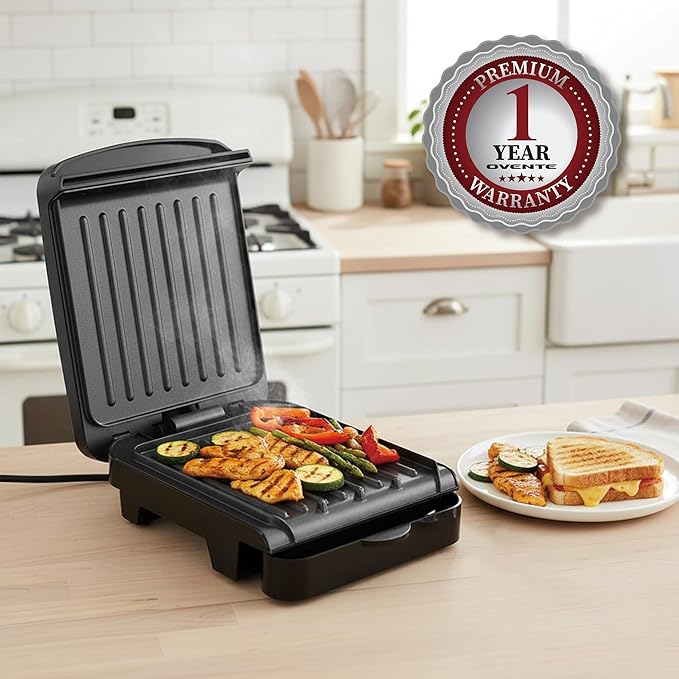 OVENTE 2-Serving Electric Indoor Grill & Panini Press with Easy Clean Non-Stick Plate Coating, Opens 180 Degrees, 8.15" x 7.4" Space Saving Design, 750W Contact Grill for Burgers & More, Black GP222B