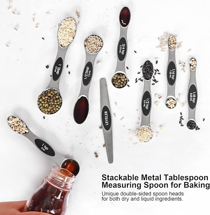 Magnetic Measuring Spoons Set with Leveler, Stackable Stainless Steel Tablespoons for Baking, Fits in Spice Jars