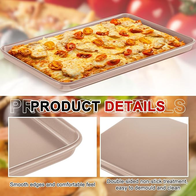 2 Pcs 17 Inch Grandma Style Pizza Pan Hard Rectangular Gold Non Stick Sicilian Style Carbon Steel Pizza Pan Dish Pre Seasoned Bakeware Kitchenware