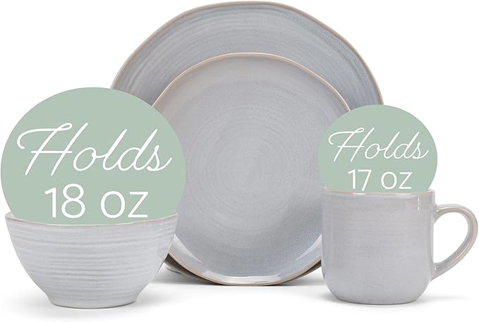 Elanze Designs Reactive Glaze Farmhouse Rustic Boho Ceramic Stoneware Dinnerware 16 Piece Plate Bowl Mug Dish Set - Service for 4, Pale Grey