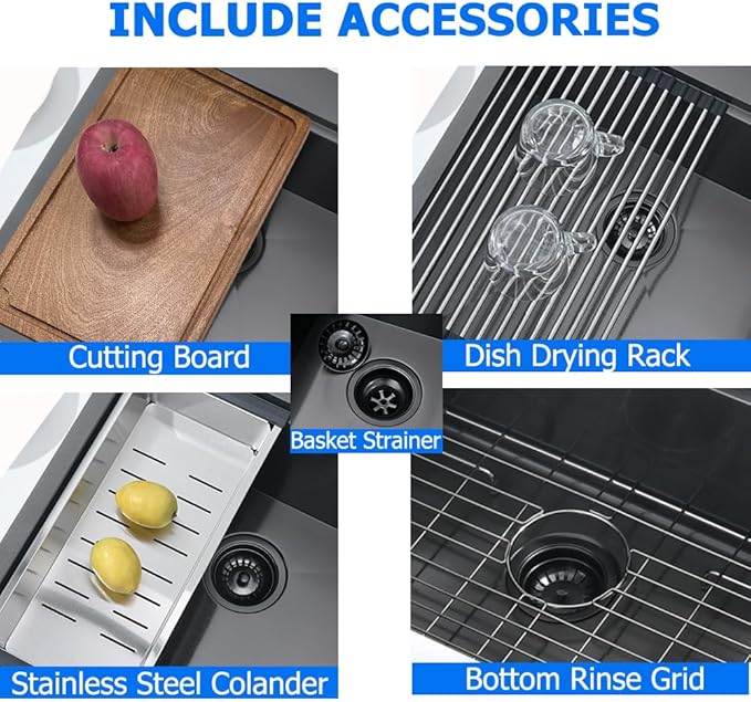 33 Black Drop in Kitchen Sink, 33 x 19 Inch Black Stainless Steel Kitchen Sink Single Bowl 16 Gauge Workstation Top Mount Deep Basin