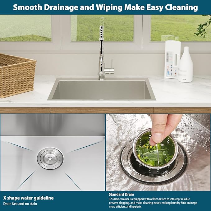 22 Inch Deep Drop In Laundry Sink - Ghomeg 22x22x13 Inch Laundry Utility Sink Drop In Topmount Single Bowl 16 Gauge Stainless Steel Above Counter Kitchen Laundry Room Sinks