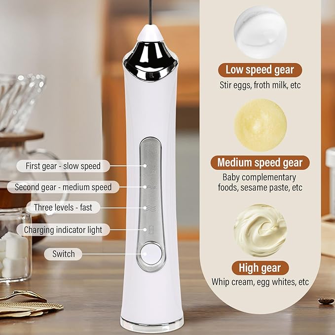 Rechargeable Milk Frother with Stand - 3 Speed Adjustable Electric Whisk, 3 Detachable Stainless Steel Heads for Latte, Cappuccino, Matcha, Egg (White)