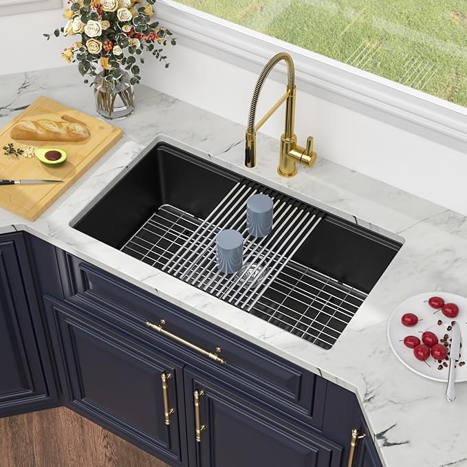 Kichae Granite Composite Undermount Kitchen Sink 32 inch - Granite Quartz Sink 32 x 19 Matte Black Workstation Sinks