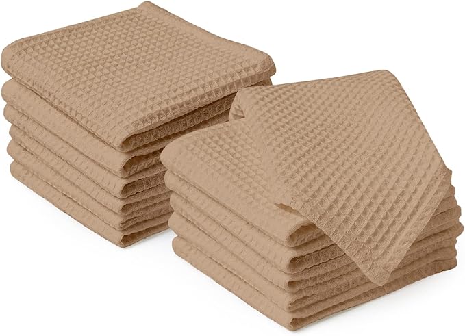 Encasa XO' Waffle Weave Face & Hand Towels – 12"x12", Beige Washcloths Set of 12 – Quick Drying for Bathroom, Gym, Kitchen & Travel – Small Reusable Dish Cloths & Face Wipes for Everyday Use