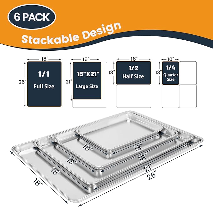 6 Pack Big Size Baking Sheet Pan, Aluminum Commercial Cookie Sheet Pan, Durable & Anti-Stick 15”x 21”