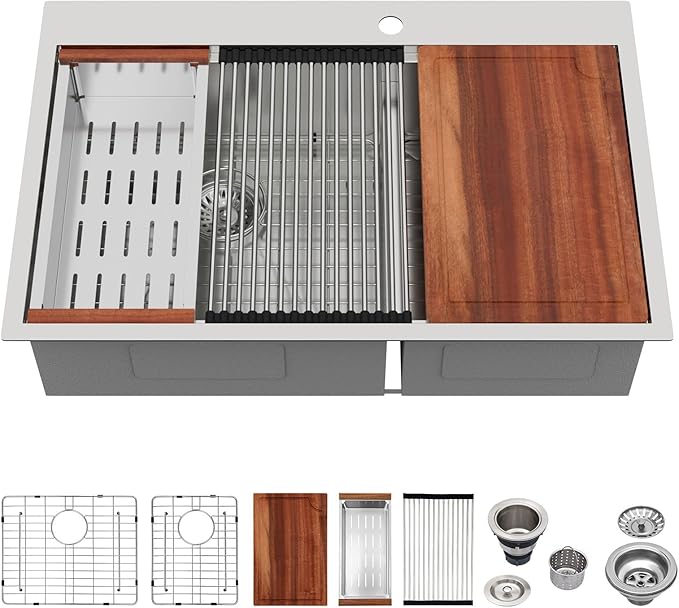 Logmey 33x22 Drop In Kitchen Sink Double Bowl 60/40 Sinks - 33 inch Workstation Sink Low Divide 60/40 Double Stainless Steel Ledge Sink Topmount 9" Deep Kitchen Sink