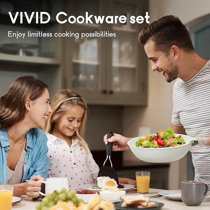 22Pcs Ceramic Cookware Set, Detachable Handle Non Stick Pots and Pans for Oven/Induction, All-in-One Kitchen Utensils Set, Cream White