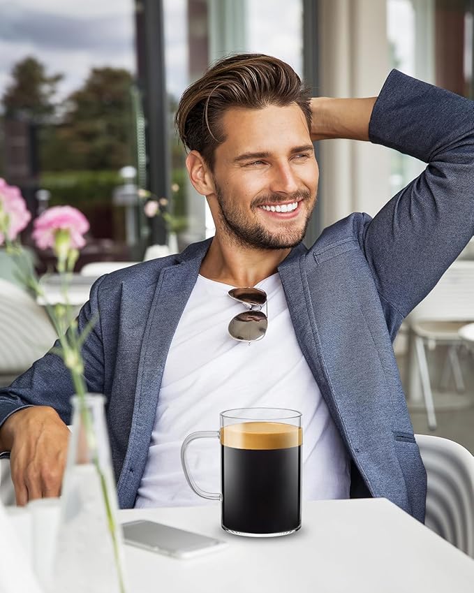 LUXU Glass Coffee Mugs 16 oz,Set of 4 Large Glass Coffee Cups Clear Tea Cups,Iced Coffee Glasses,Lead-Free Drinking Glasses for Water,Cappuccino,Latte,Cereal,Yogurt,Milk-Flat Bottomed Design