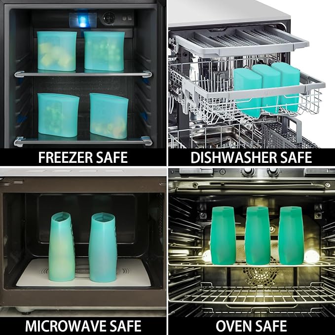 Reusable Snack Bags, 1 Pack, Stand Up 100% Silicone Reusable Storage Bag, Ziplock Silicone Food Storage Containers Snack Size, Freezer Microwave Oven Dishwasher Safe, Aqua, 16oz